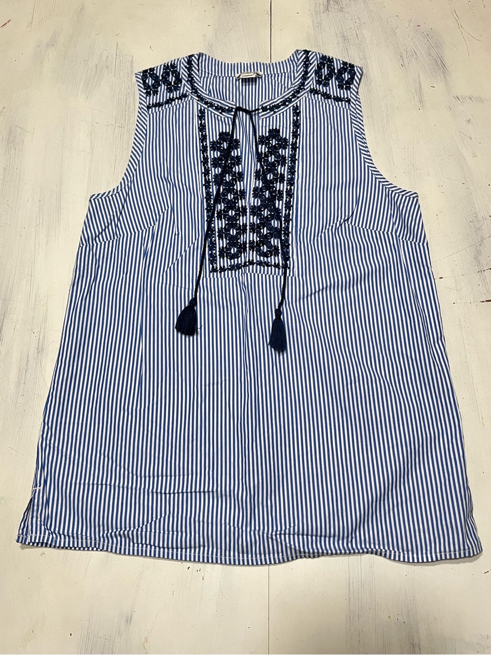 J. Crew Blue Stripe Geometric Embroidered Tassel Sleeveless Cotton Top Sz 00